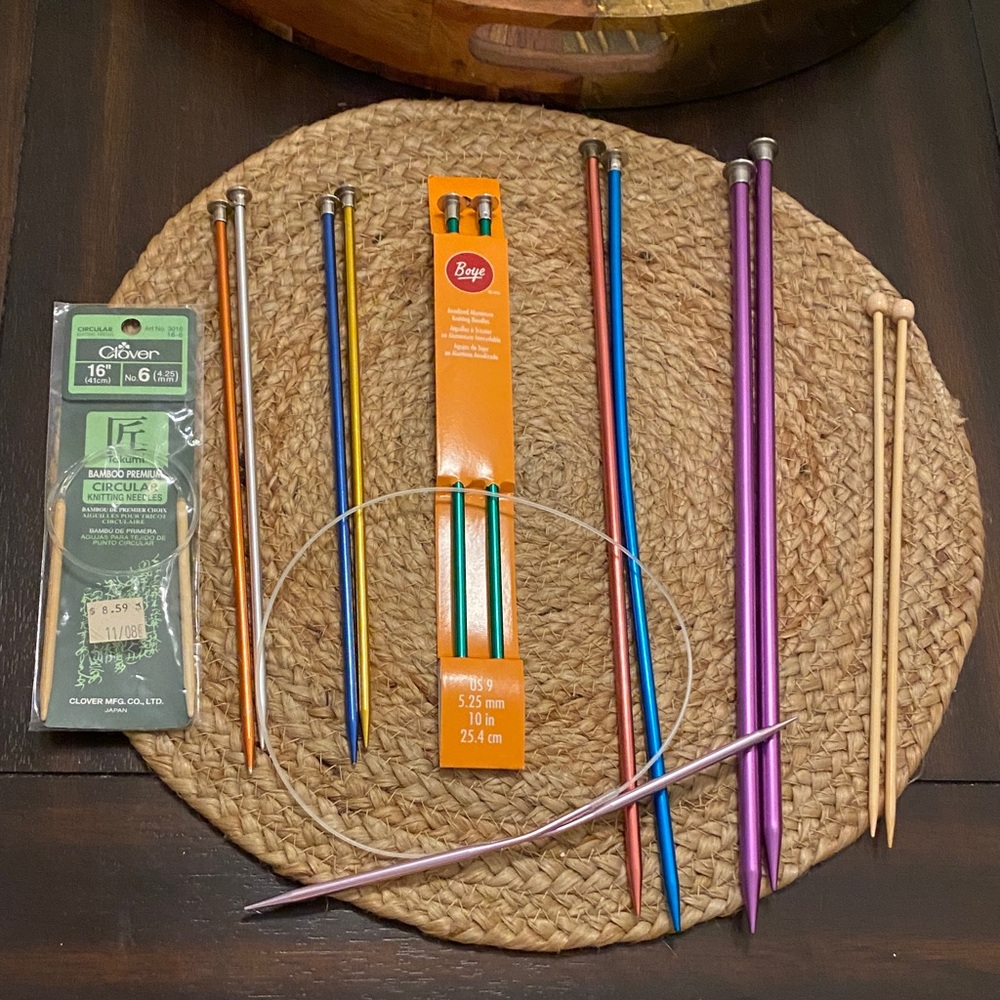 Assorted knitting needles from size 7-11 and 2 circular needles